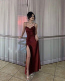 Sheath Spaghetti Straps Burgundy Satin Long Party Dress Prom Dresses SD1381