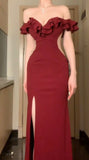 A-Line Off The Shoulder Satin Long Prom Dress Burgundy Formal Evening Dress SD1383