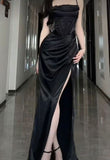 Sheath Spaghetti Straps Satin Black Party Dress Prom Dresses SD1385