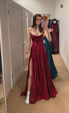 A Line Spaghetti Straps Satin Burgundy Party Dress Prom Dresses SD1386