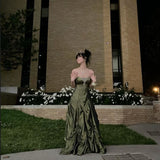Ball Gown Strapless Green Ruffles Satin Long Party Dress Prom Dresses SD1388