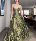 Ball Gown Strapless Green Ruffles Satin Long Party Dress Prom Dresses SD1388