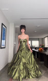 Ball Gown Strapless Satin Olive Green Long Ruffles Prom Dresses Formal Evening Dress SD2381 HZ0628