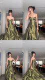 Ball Gown Strapless Satin Olive Green Long Ruffles Prom Dresses Formal Evening Dress SD2381 HZ0628