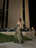 Ball Gown Strapless Satin Olive Green Long Ruffles Prom Dresses Formal Evening Dress SD2381