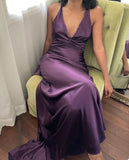 A-Line V Neckline Grape Satin Long Prom Dresses Formal Evening Dress SD1389