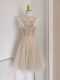 A line High Neckline Lace Vacation Dress Tulle Short Women Dresses SD138
