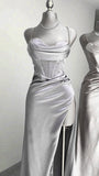 A-Line Spaghetti Straps Silver Satin Long Prom Dresses Formal Evening Dress SD1393