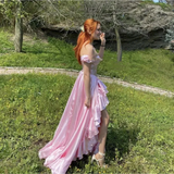 A-Line Off The Shoulder Pink Satin Long Prom Dresses Formal Evening Dress SD1394