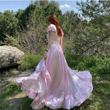 A-Line Off The Shoulder Pink Satin Long Prom Dresses Formal Evening Dress SD1394