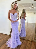 Mermaid Sweetheart Lilac Lace Backless Long Party Dress Prom Dresses SD1396