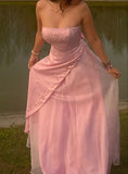 A Line Strapless Pink Chiffon Long Party Dress Prom Dresses SD1397