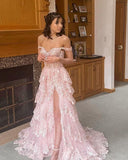A-Line Off The Shoulder Pink Lace Slit Long Prom Dresses Formal Evening Dress SD1398