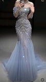 Mermaid Off The Shoulder Blue Tulle Silver Beads Long Prom Dresses Formal Evening Dress SD1399