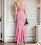 Sheath Spaghetti Straps Pink Chiffon Long Party Dress Prom Dresses SD1400