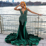 Mermaid V Neckline Green Velvet Silver Beads Long Prom Dresses Formal Evening Dress SD1402