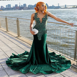 Mermaid V Neckline Green Velvet Silver Beads Long Prom Dresses Formal Evening Dress SD1402