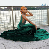 Mermaid V Neckline Green Velvet Silver Beads Long Prom Dresses Formal Evening Dress SD1402