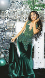 Mermaid V Neckline Green Velvet Silver Beads Long Prom Dresses Formal Evening Dress SD1402