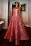 Ball Gown Sweetheart Pink Satin Floral Long Prom Dresses Formal Evening Dress SD1404