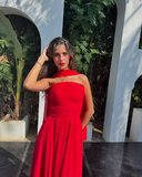 A Line Strapless Red Chiffon Long Prom Dresses Formal Evening Dress SD1405