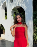 A Line Strapless Red Chiffon Long Prom Dresses Formal Evening Dress SD1405