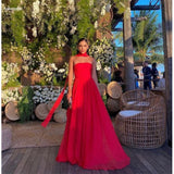 A Line Strapless Red Chiffon Long Prom Dresses Formal Evening Dress SD1405