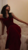 Sheath Off The Shoulder Red Velvet Long Prom Dresses Formal Evening Dress SD1407