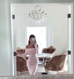 Sheath Off The Shoulder Pink Long Sleeves Prom Dresses Formal Evening Dress SD1411