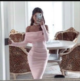 Sheath Off The Shoulder Pink Long Sleeves Prom Dresses Formal Evening Dress SD1411
