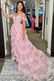A-Line Off The Shoulder Pink Lace Slit Long Prom Dresses Formal Evening Dress SD1414