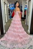 A-Line Off The Shoulder Pink Lace Slit Long Prom Dresses Formal Evening Dress SD1414