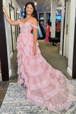 A-Line Off The Shoulder Pink Lace Slit Long Prom Dresses Formal Evening Dress SD1414