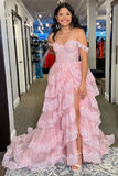 A-Line Off The Shoulder Pink Lace Slit Long Prom Dresses Formal Evening Dress SD1414