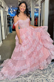 A-Line Off The Shoulder Pink Lace Slit Long Prom Dresses Formal Evening Dress SD1414