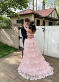 A-Line Off The Shoulder Pink Lace Slit Long Prom Dresses Formal Evening Dress SD1414