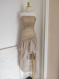 High Low Strapless Champagne Chiffon Ruffles Vacation Dress Women Dresses SD141