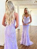 Mermaid Sleeveless Lace Lilac Evening Prom Dresses Long Prom Dresses SD1420