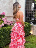 A Line Spaghetti Straps Floral Red Sleeveless Ruffles Evening Prom Dresses SD1421