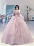 Ball Gown Strapless Sleeveless Tulle Pink Evening Prom Dresses SD1422