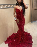 Mermaid Sweetheart Neckline Sequin Black Girl Red Evening Gown Prom Dresses SD1430