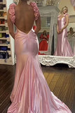 Mermaid Straps Neckline Pink Satin Backless Evening Gown Prom Dresses SD1431