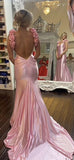 Mermaid Straps Neckline Pink Satin Backless Evening Gown Prom Dresses SD1431