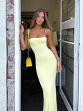 Mermaid Spaghetti Straps Yellow Satin Backless Evening Gown Prom Dresses SD1434