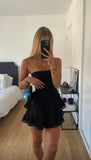 A line Strapless Layered Ruffle Mini Dresses Black Homecoming Dress 16th Birthday Dresses SD1436