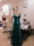 Teal Blue Satin V-neck Formal Prom Party Dress with Slit SD1445