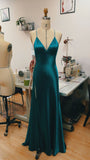 Teal Blue Satin V-neck Formal Prom Party Dress with Slit SD1445