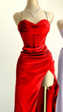 Sheath Spaghetti Straps Red Satin Sleeveless Long Backless Prom Dresses SD1447