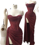 Sheath Spaghetti Straps Burgundy Sleeveless Long Prom Dresses SD1448