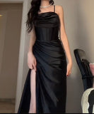 Sheath Spaghetti Straps Satin Black Sleeveless Slit Prom Dresses SD1449